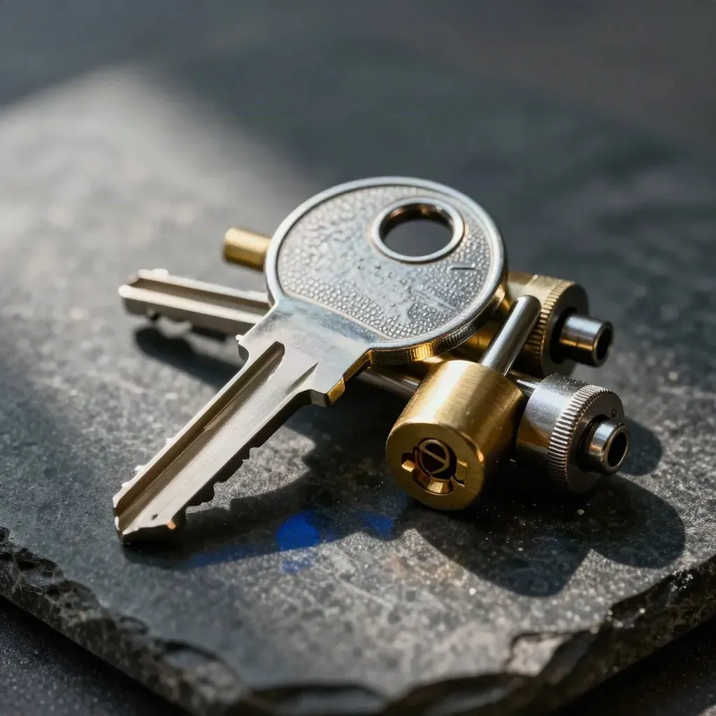 Steel key blank, lock cylinder core, and tamper seals clustered on dark stone.