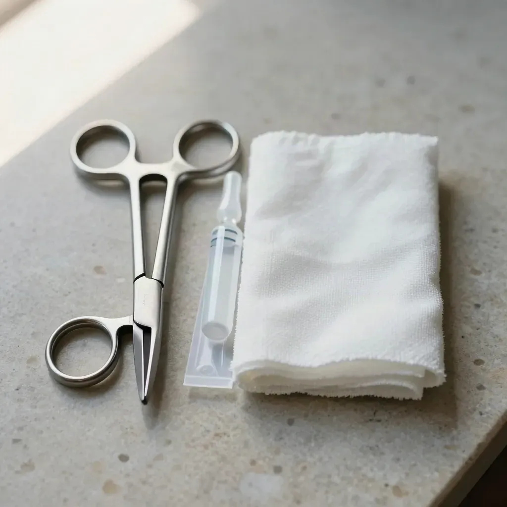 Stainless surgical clamp, ampoule tray and gauze on limestone in a sterile macro flat lay.