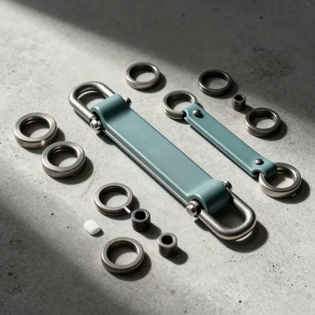 Cargo latches and metal rings on pale concrete, lit with skimming daylight and a muted teal accent.