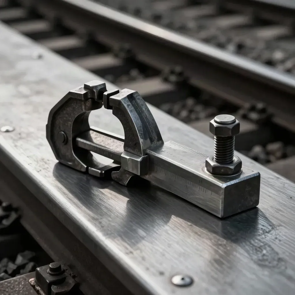 Rail clamp, gauge block and heavy bolts on brushed steel in a dim rail workshop.