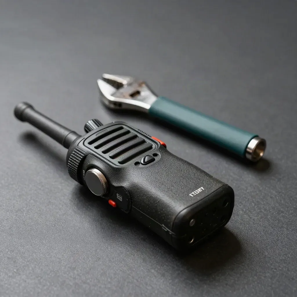 Handheld radio, cable ties, and a spanner on graphite composite with muted teal accents.