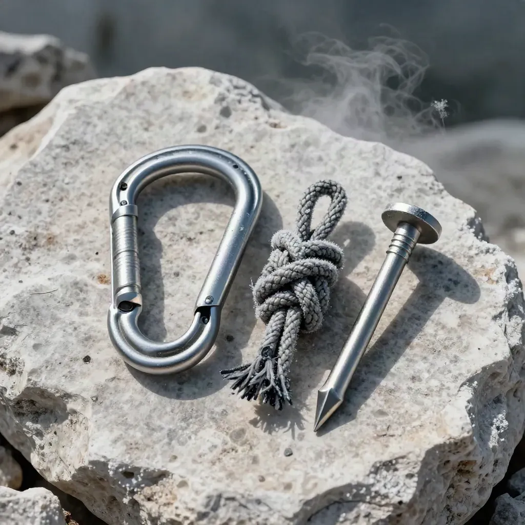 Top-down alpine kit still life with carabiner, rope knot, and tent peg on pale stone.