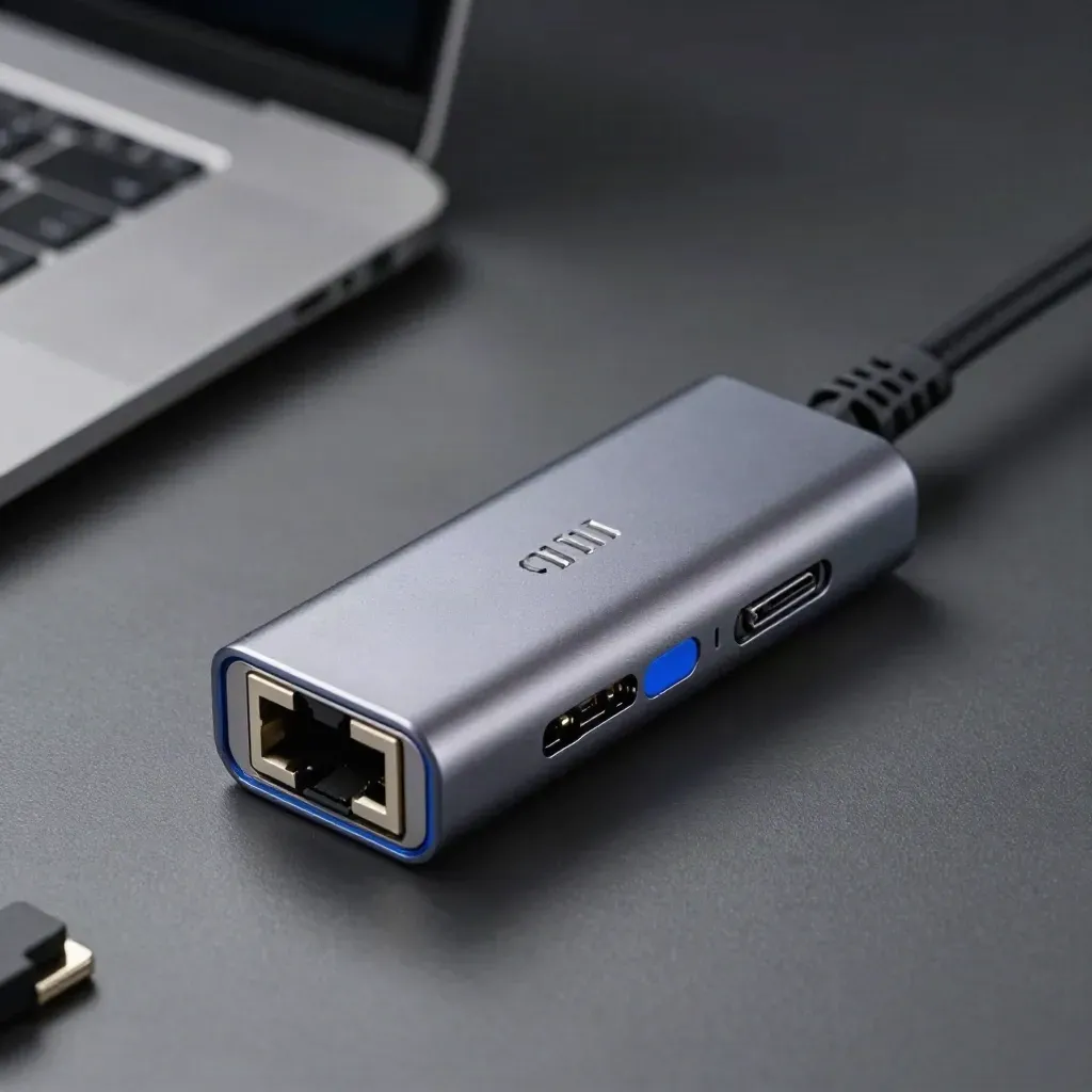 USB-C hub, ethernet adapter, and braided patch lead on a dark workbench with dramatic studio light.