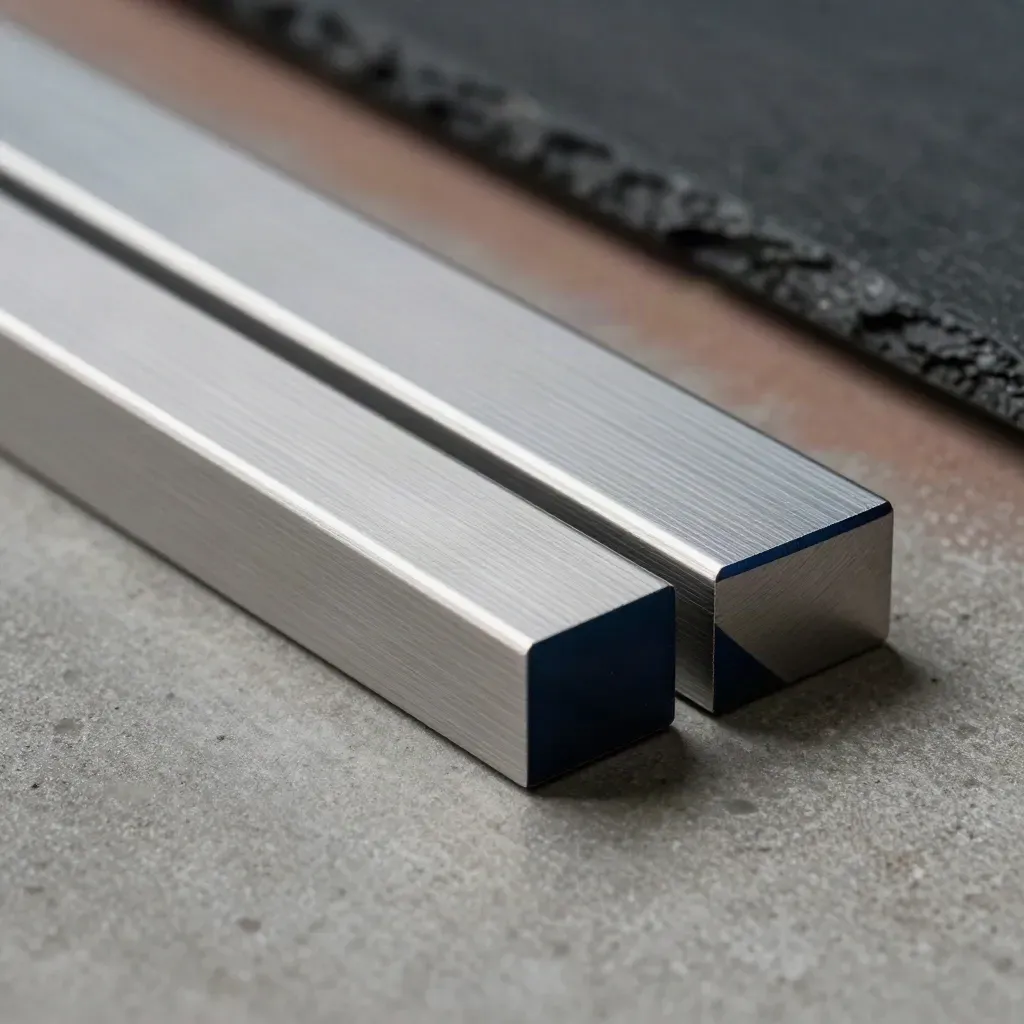 Anodized aluminum riser blocks and calibration spacers on concrete, crisp close-up.