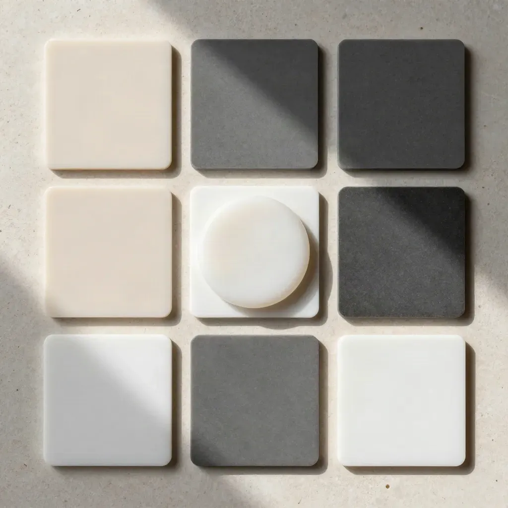 Overhead grid of matte design chips and a round button sample on pale stone.