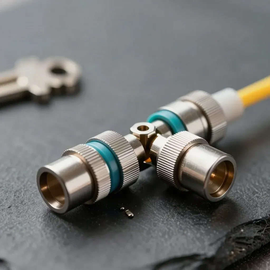Macro of fibre-optic connectors and cable glands meeting on dark slate with a subtle teal ring.