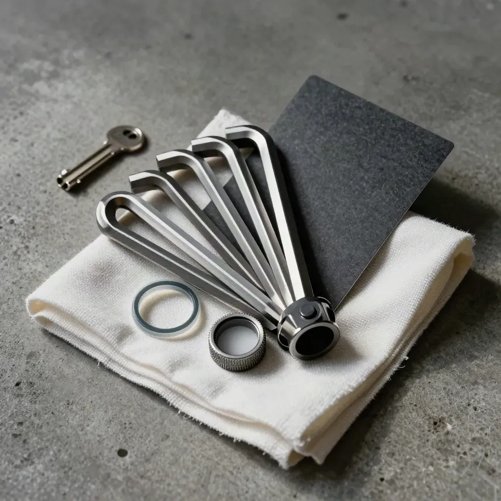 Hex keys, gasket rings and microfiber cloth on concrete in a dramatic top-down still life.
