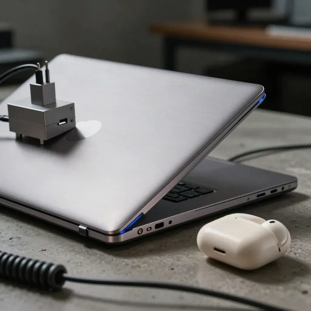 Aluminum laptop, prototype enclosure, earbuds case, and charger on concrete with cable foreground.