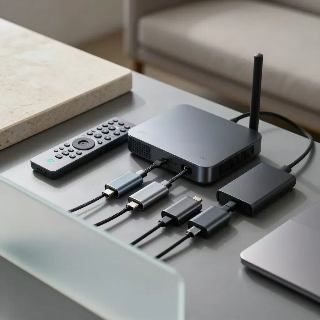 Shared dock, presenter remote, external drive and adapters on a slate desk, seen through frosted glass.