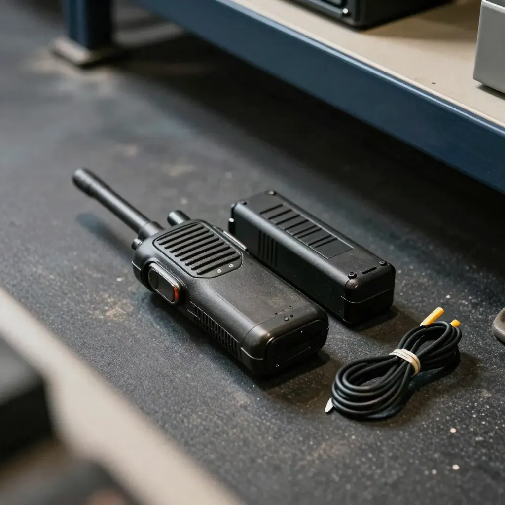 Rugged radio, scanner dock, battery pack and cable ties on graphite under dramatic studio light.