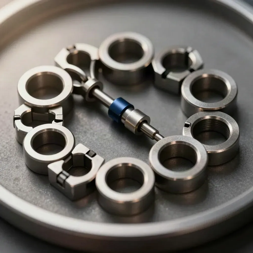 Macro still life of linked metal rings, connector blocks, and a bridge pin on graphite