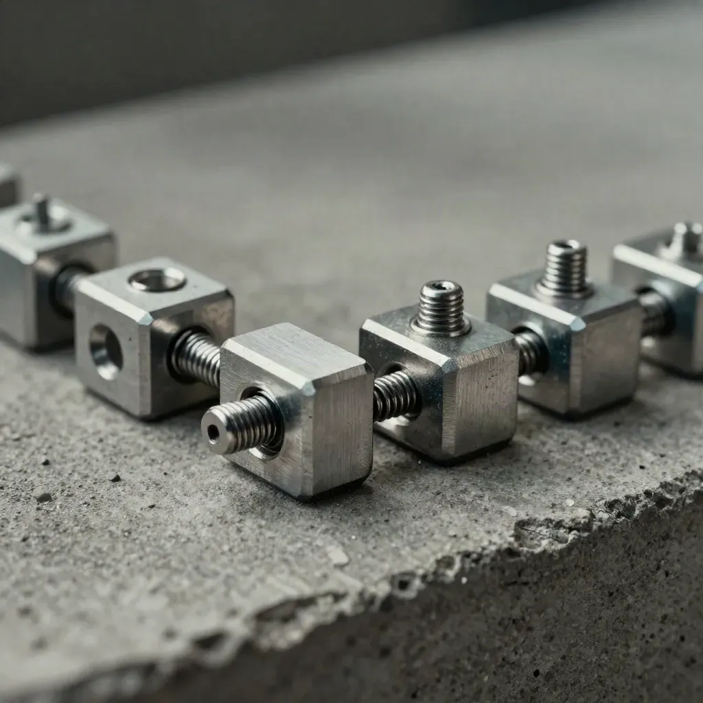 Brushed aluminum blocks and spring pins linked on concrete under dramatic studio light.