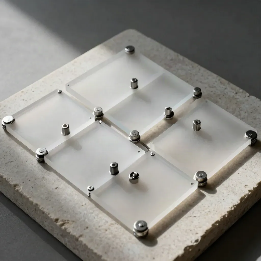 Top-down still life of frosted acrylic modules, clips, and pegs on pale stone.