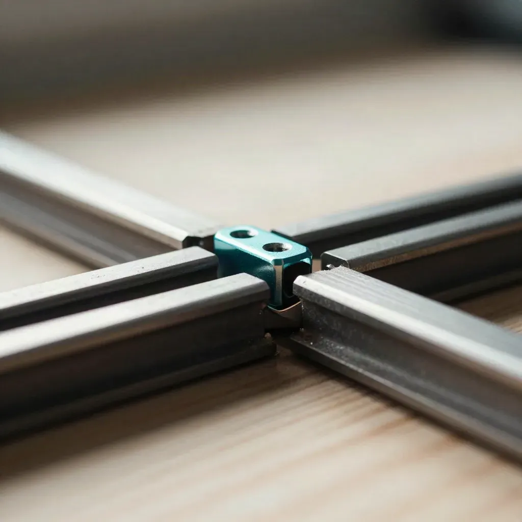 Macro of metal rail connectors locking into line on pale wood with subtle teal accent