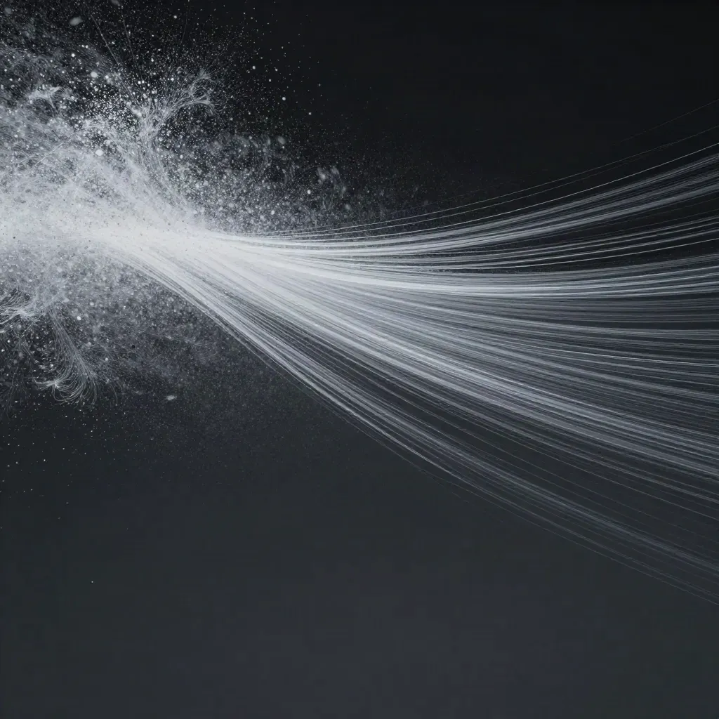 Silver filaments converge into an off-centre white bloom in a graphite void.