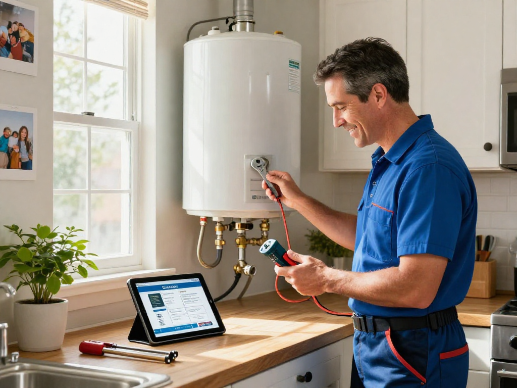 Professional technician performing direct water heater repair Fort Worth in a cozy kitchen setting, ensuring quality service at home.