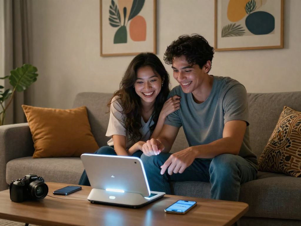Couple engaging with sex AI technology in a cozy living room.